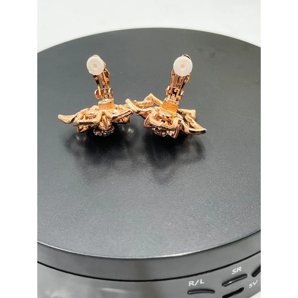 Joan Boyce JB Vintage Rose Gold Blooming Floral Pink Rhinestone CZ Clip Earrings